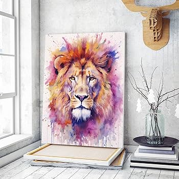 Amazon | ライオンの水彩画アート 数字油絵 動物の手描き
